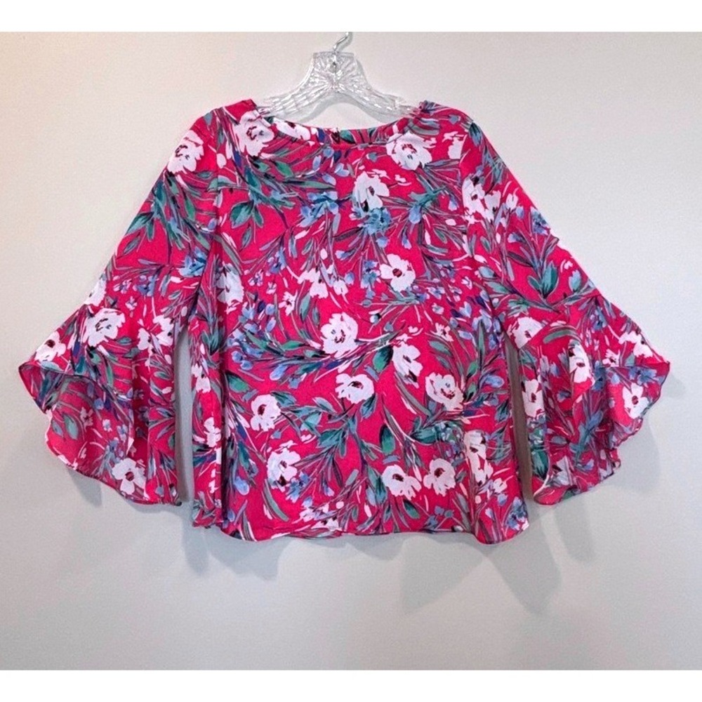 Kasper Floral Chiffon Blouse Bell  Sz S Bell Sleeve Sleeve Feminine Romantic Top